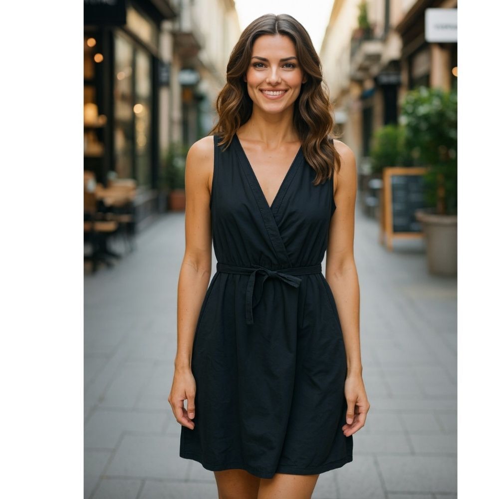 Converse‎ Black Cotton Surplice Tie Waist Casual Summer Dress, Large